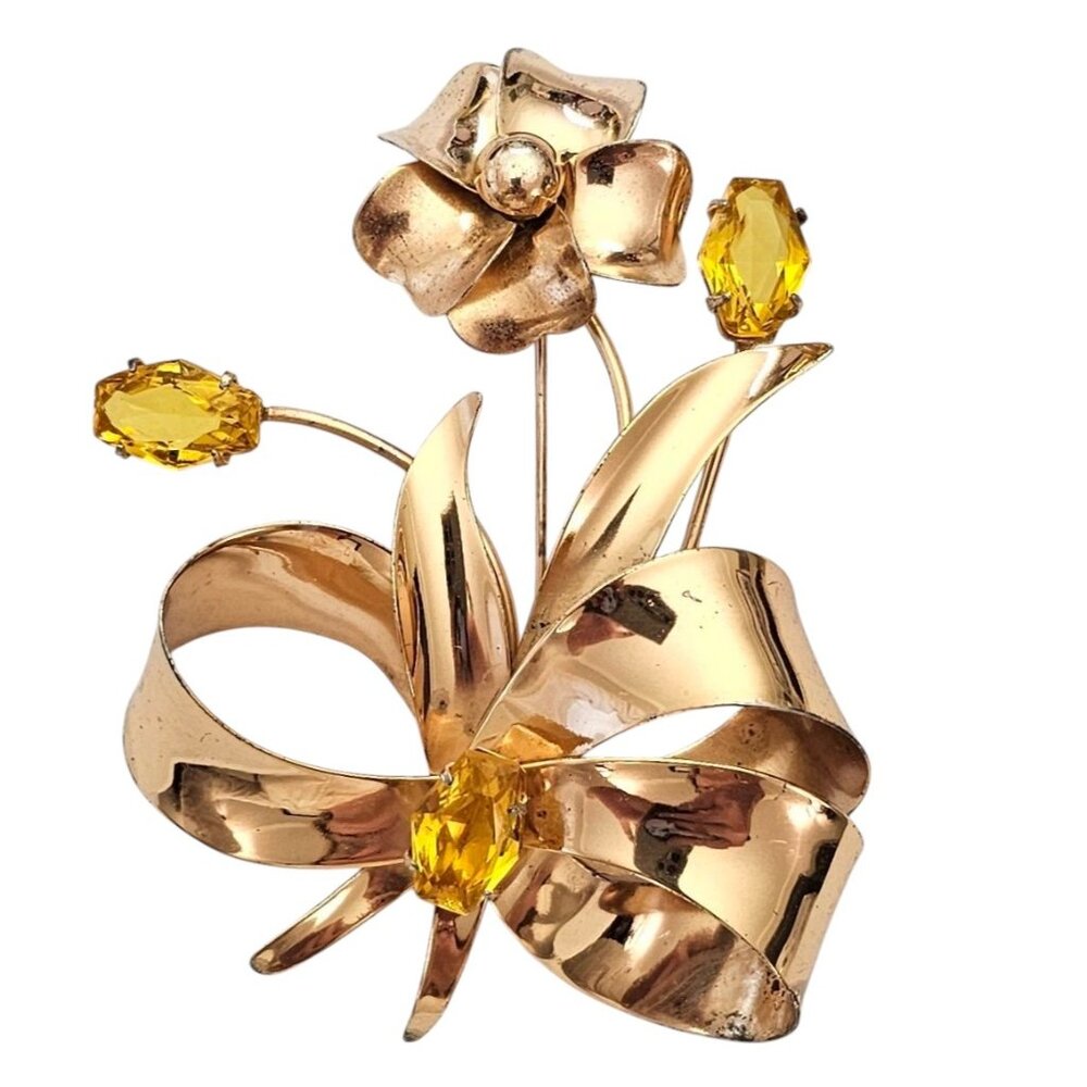 Sterling By Jordan Uranium Glass Rhinestone Flower Brooch Gold Vermeil Pin, L957